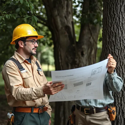 Arborists discussing industry standards with a blueprint