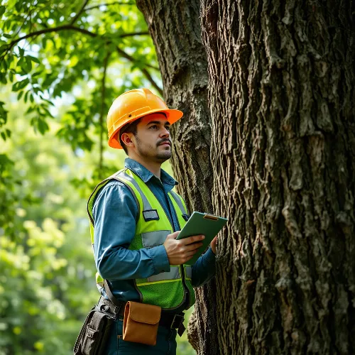 Arborist inspecting a tree for health and safety